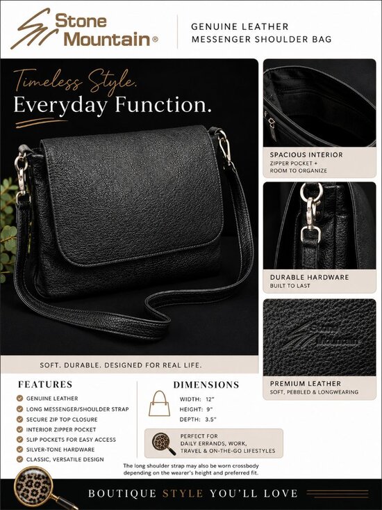 Stone Mountain Handbags - Stone Mountain Genuine Leather Black Messenger Shoulder Bag